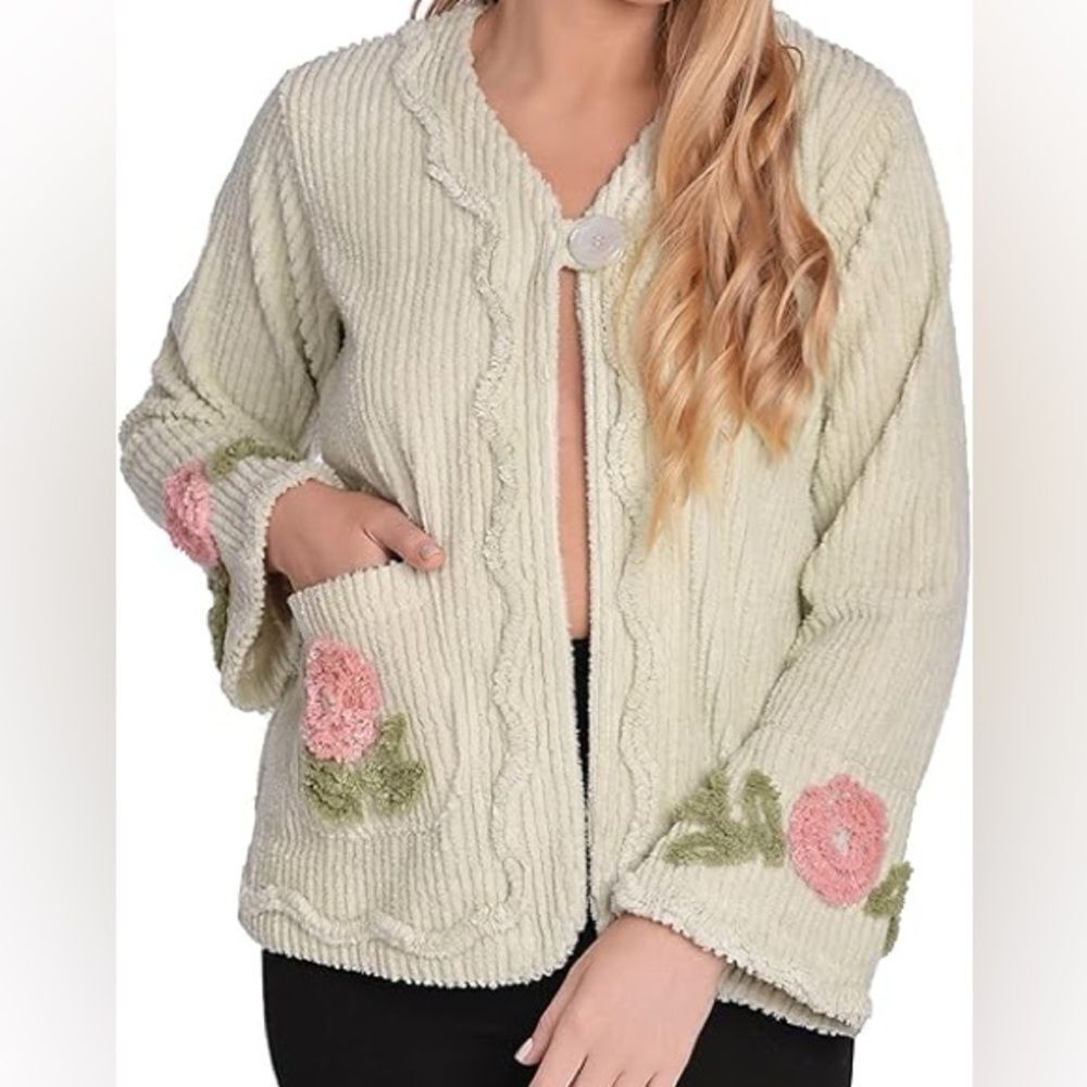 House of ChenilleโLoungewear Light Green Cardigan Sweater w Pink Floral Accents